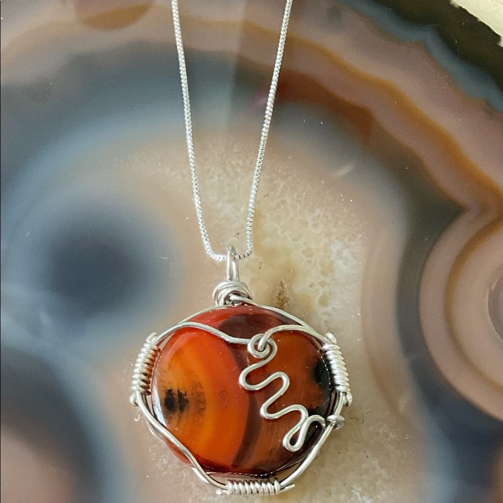 Orange agate wire wrap necklace handmade healing crystal